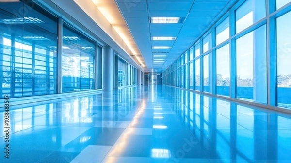Fototapeta A long, empty hallway with large windows on either side, flooded with natural light. The floor is tiled and highly reflective, creating a sense of space and openness.