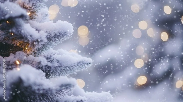 Fototapeta A snow covered tree with lights on it