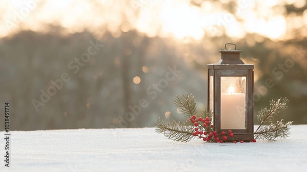 Obraz Rustic Christmas Lantern on Snow with Berries and Fir Branches