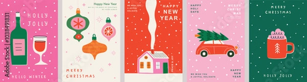 Fototapeta Christmas Minimalist card set - abstract Holidays flyers. Lettering with Christmas and New Year decorative elements. Vector illustration.