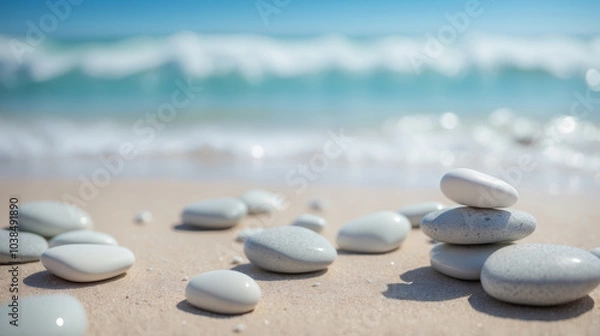 Fototapeta White stones of various sizes are scattered across the sandy shore, with the sea visible in the background