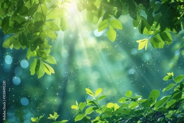 Fototapeta Forest canopy with sunlight filtering through leaves, nature background, tranquil forest