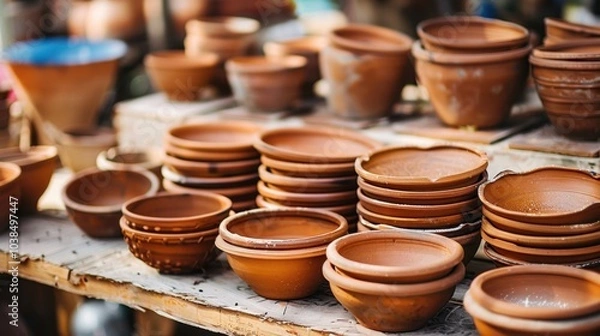 Fototapeta Earthenware: A ceramic that is lower-fired and porous, earthenware is less durable than stoneware, often used in pottery and decorative designs.
