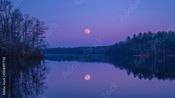 Fototapeta The full moon rising over a serene lake, reflected in the still water