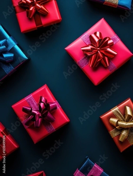 Fototapeta A collection of brightly colored gift boxes adorned with shiny bows is beautifully arranged on a dark background, perfect for celebrations. Generative AI