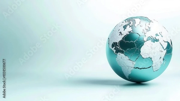 Fototapeta A stylized globe with a teal hue, showcasing continents and oceans, set against a soft background.