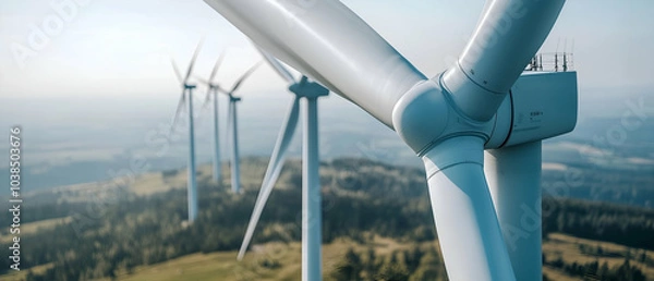 Obraz Electricity generation with renewable energy, electric, wind power plant, wind power energy concept - Close up of wind turbine park