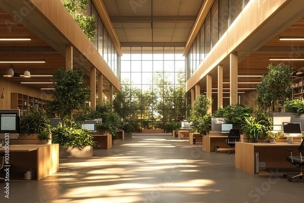 Fototapeta A contemporary open office area with bright overhead lighting. Generative Ai