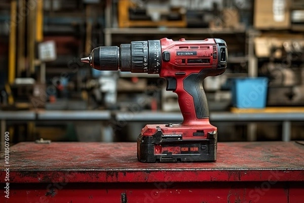Fototapeta Brand-new cordless drill. On a red industrial surface, the power tool is. Generative Ai