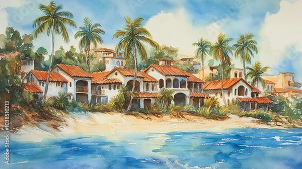 Fototapeta watercolor painting of a tropical beach scene. It features a row of charming houses with reddish roofs, surrounded by lush palm trees and soft greenery. A calm blue ocean is depicted in the foreground