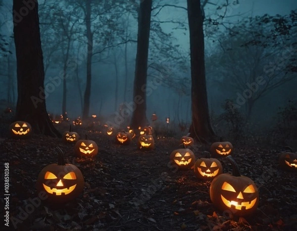 Fototapeta A haunted forest illuminated by a full moon, filled with glowing jack-o'-lanterns, eerie mist, and shadowy figures lurking between the trees, creating a spooky Halloween night atmosphere ex skeleton