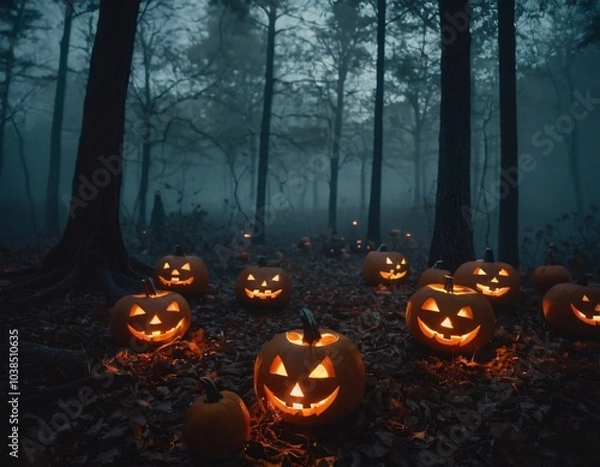 Fototapeta A haunted forest illuminated by a full moon, filled with glowing jack-o'-lanterns, eerie mist, and shadowy figures lurking between the trees, creating a spooky Halloween night atmosphere ex skeleton
