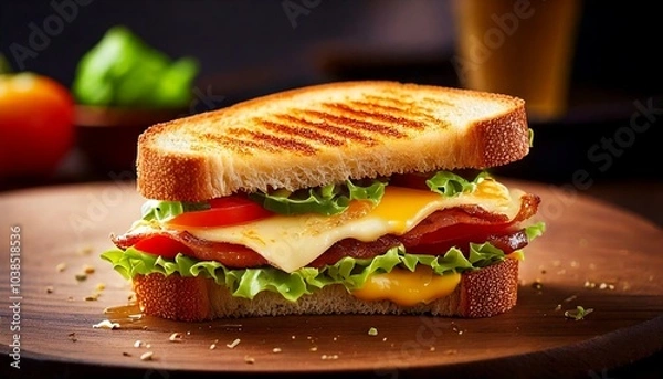 Obraz Grilled cheese crispy sandwich oozing with melted cheese on a wooden board close up generative ai