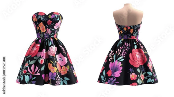 Fototapeta stylized mockup template of a strapless culottes dress with various floral designs showcased from the front and back, vibrant colors, on a transparent backgrounds