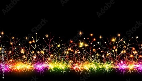 Obraz A vibrant, colorful abstract design with glowing light streaks on a black background. Perfect for celebratory or festive themes, adding a touch of magic and sparkle.