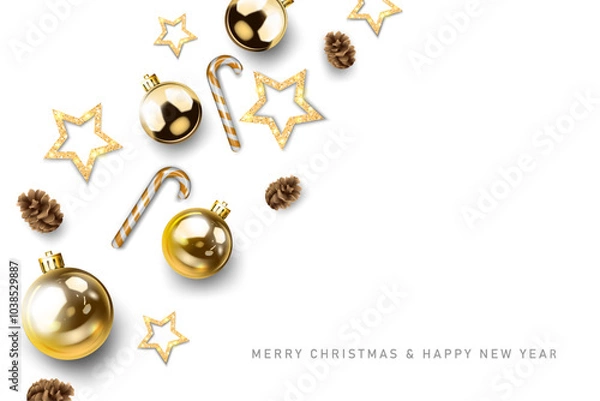 Fototapeta gold christmas balls,stars decorative abstract merry christmas and happy new year celebration white background top view. greeting card,poster and banner vector illustration.