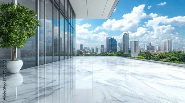 Fototapeta Polished marble floor extending towards a stunning urban skyline, bright blue sky adding to the sleek modern look.