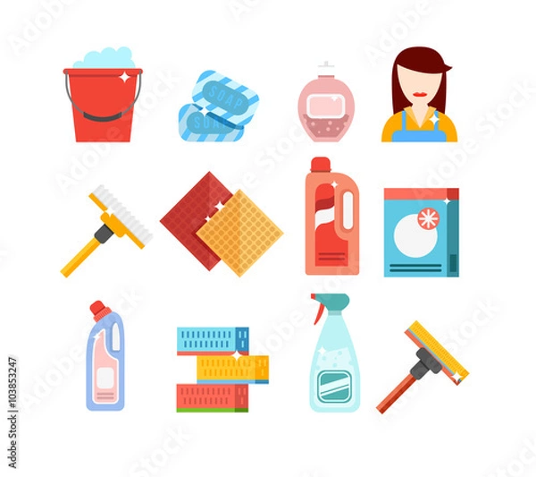 Obraz Cleaning tools vector set. Detergents for cleaning home or hotel