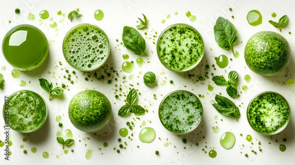 Fototapeta Flat lay of matcha tea in various forms, including powder, liquid, and leaves, on a white background.