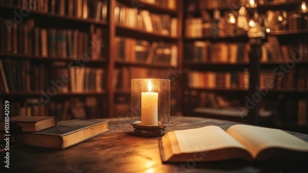 Fototapeta Warm candlelight glowing on an empty table surrounded by the rich textures of a library filled with books and history.