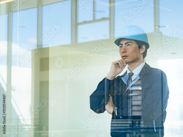 Fototapeta 建設、作業員、エンジニア、考える、点検、メンテナンス、管理、保守、チェック、見学、ヘルメット、安全、ビルメン、工場、産業、製造業、建築士、設計士、技術者、インフラ、ゼネコン、ガラス、画面、修理、疑問、検討、確認、検証、建物、業者、見る、眺める、検査、倉庫、管理職、ビル、見守り、監視、警備、警備員、発電所、観察、専門家、プロ、開発、デベロッパー、経営、業務、仕事、人物
