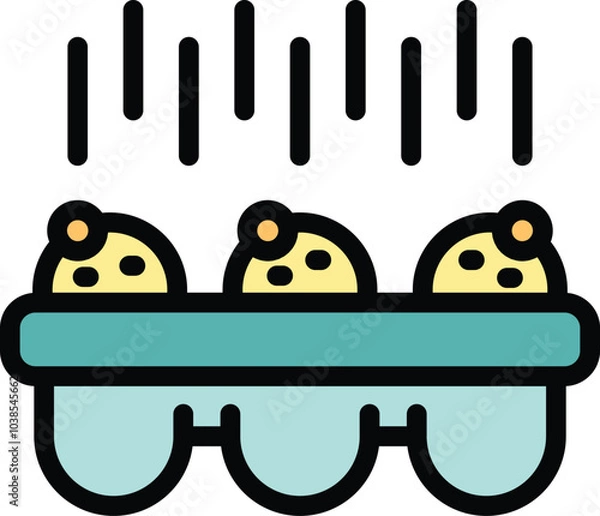 Obraz Cartoon style icon depicting three rotten eggs in a carton box, releasing a foul odor, emphasizing food spoilage and hygiene