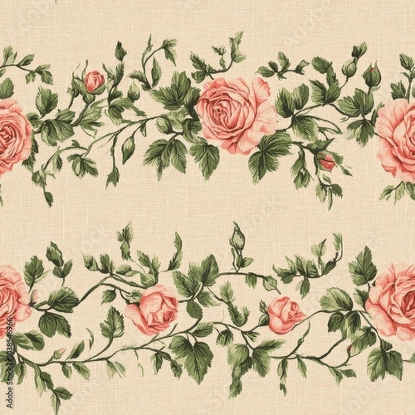 Fototapeta Vintage tapestry rose trellis border on vintage beige fabric background, seamless repeating pattern, textile print style, minimal, tapestry design, seamless rose trellis border, home decor, textiles