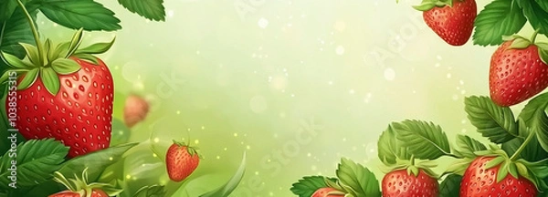 Fototapeta Strawberry. Fresh juicy strawberries with leaves. Suitable for marketing or business purposes. Panoramic banner with place for text