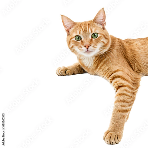 Obraz A ginger tabby cat with striking green eyes lies on its side, stretching its front paws and head towards the camera, against a white background, creating a serene and captivating image