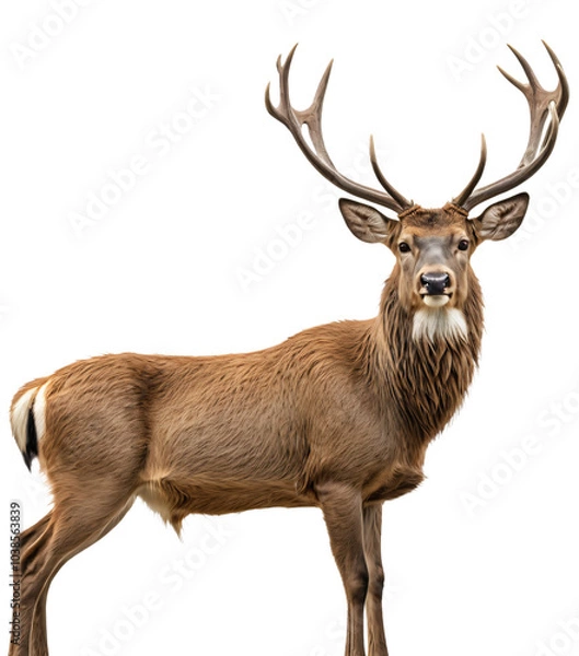 Obraz A majestic deer with a rich brown coat, large antlers, and a white tail stands tall against a stark white background, gazing directly at the camera with a calm demeanor