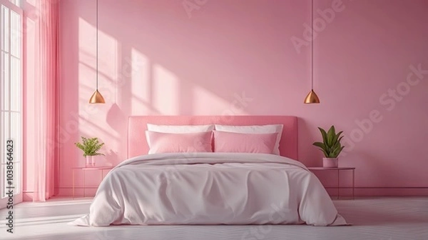 Fototapeta A romantic pink pastel bedroom with minimalist modern furniture and a large bed, designed for a serene, calming atmosphere.