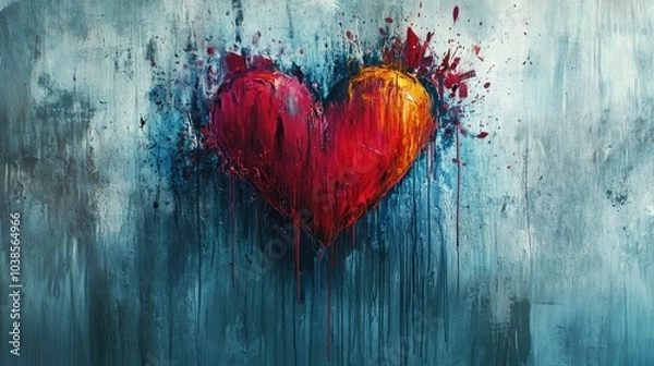 Fototapeta A broken heart illustration in vibrant colors, painted on a canvas with drips and splatters, showcasing the emotions of heartbreak.