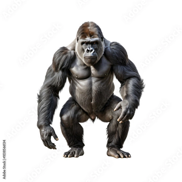 Obraz A majestic, muscular gorilla stands upright on its hind legs, facing the camera with a serious expression, against a stark white background, creating a striking contrast