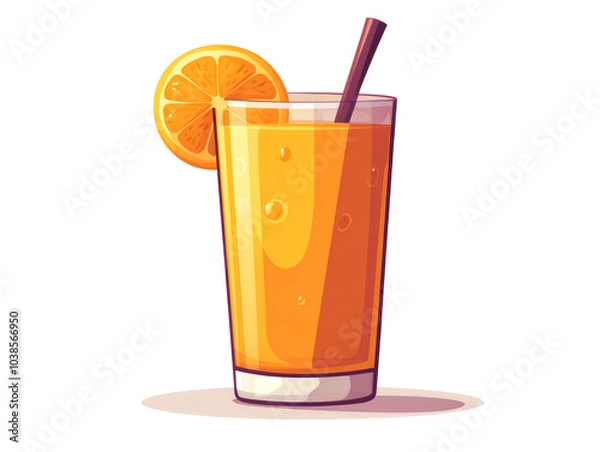 Fototapeta A glass of orange juice with a straw and a slice of orange on the rim.