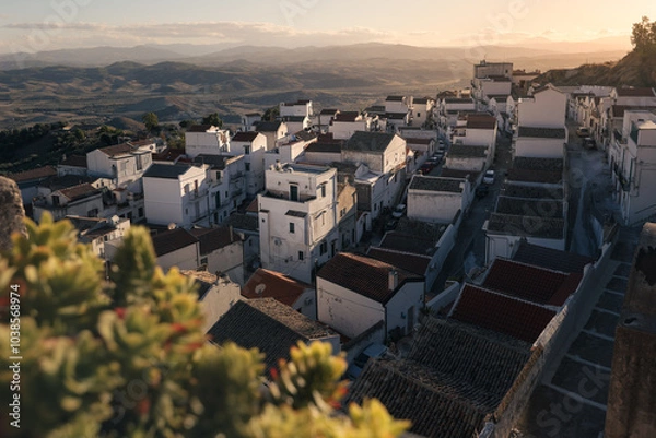Obraz Ancient town on hill side with levels of whitewashed houses and tiled roofs at sunset, Pisticci, Italy