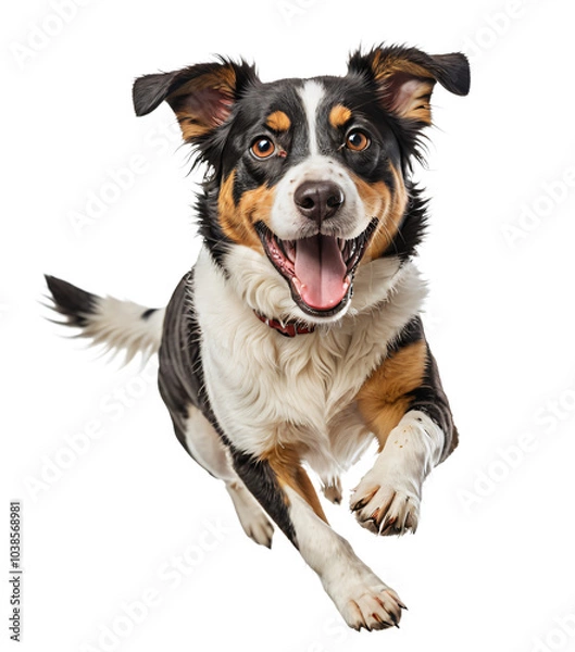 Obraz A black and white dog with a red collar is mid-jump, its mouth open and tongue out, in a joyful moment against a white background