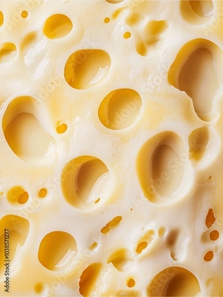 Fototapeta Close-up of a creamy cheese texture featuring numerous holes, showcasing its unique structure and inviting appearance.