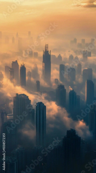 Obraz A cityscape at sunrise shows skyscrapers rising above thick, atmospheric fog. The golden light highlights the buildings, creating a serene, dreamlike effect with the mist weaving between structures.