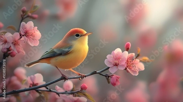 Fototapeta A Small Bird Perched on a Branch of a Blooming Tree