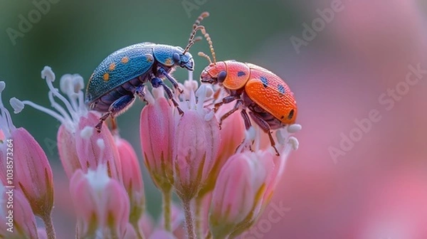 Fototapeta Two Colorful Beetles on a Flower