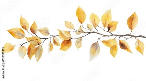 Fototapeta Elegant watercolor depiction of an autumn branch with yellow leaves, isolated on a white background. This illustration is perfect for adding a seasonal touch to various design applications.