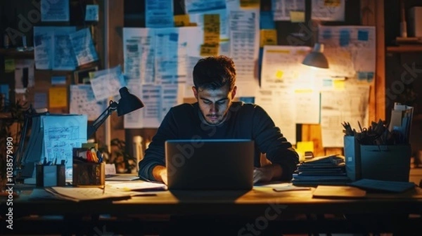 Fototapeta An entrepreneur working late at night at a desk cluttered with business plans and a laptop, representing dedication and ambition