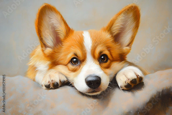 Fototapeta Portrait of a funny Welsh Corgi Pembroke or cardigan puppy of red color with a suspicious look, which obediently lies on the couch, front view, a place to copy.