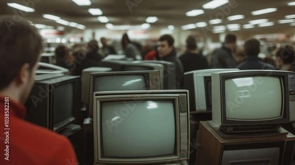 Fototapeta Vintage television display in crowded electronics store setting
