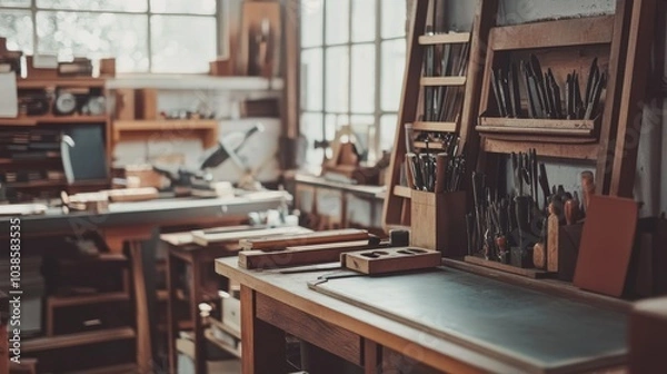 Fototapeta A sophisticated leatherworking station in a well-lit room, Leather tools and materials neatly organized, Vintage artisanal style
