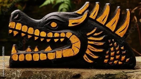 Fototapeta A detailed wooden carving of a dragon head, presented in profile view. The carving features a fierce expression with elongated nostrils, sharp teeth, and pronounced scales on the neck. The dragon is p