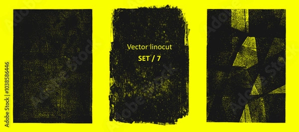 Fototapeta Linocut, relief printing, letterpress rectangle A4 shapes rough textures set, collection. Black linocutting textured backgrounds, text frames. Paint roller geometric stains, lino ink grungy remains