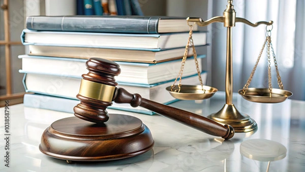 Fototapeta Judge gavel, scales of justice and law books in court, 