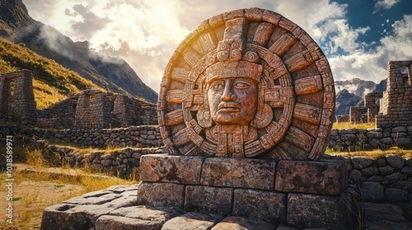 Fototapeta A striking stone sculpture resembling an ancient sun deity is prominently displayed in the foreground, set against a backdrop of dramatic mountains and historic Inca ruins. The sun casts a warm light,