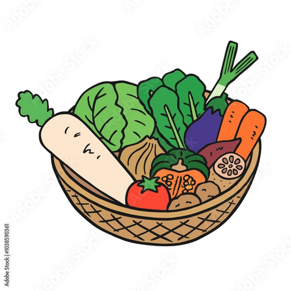 Obraz かごに入った野菜の手描きイラスト